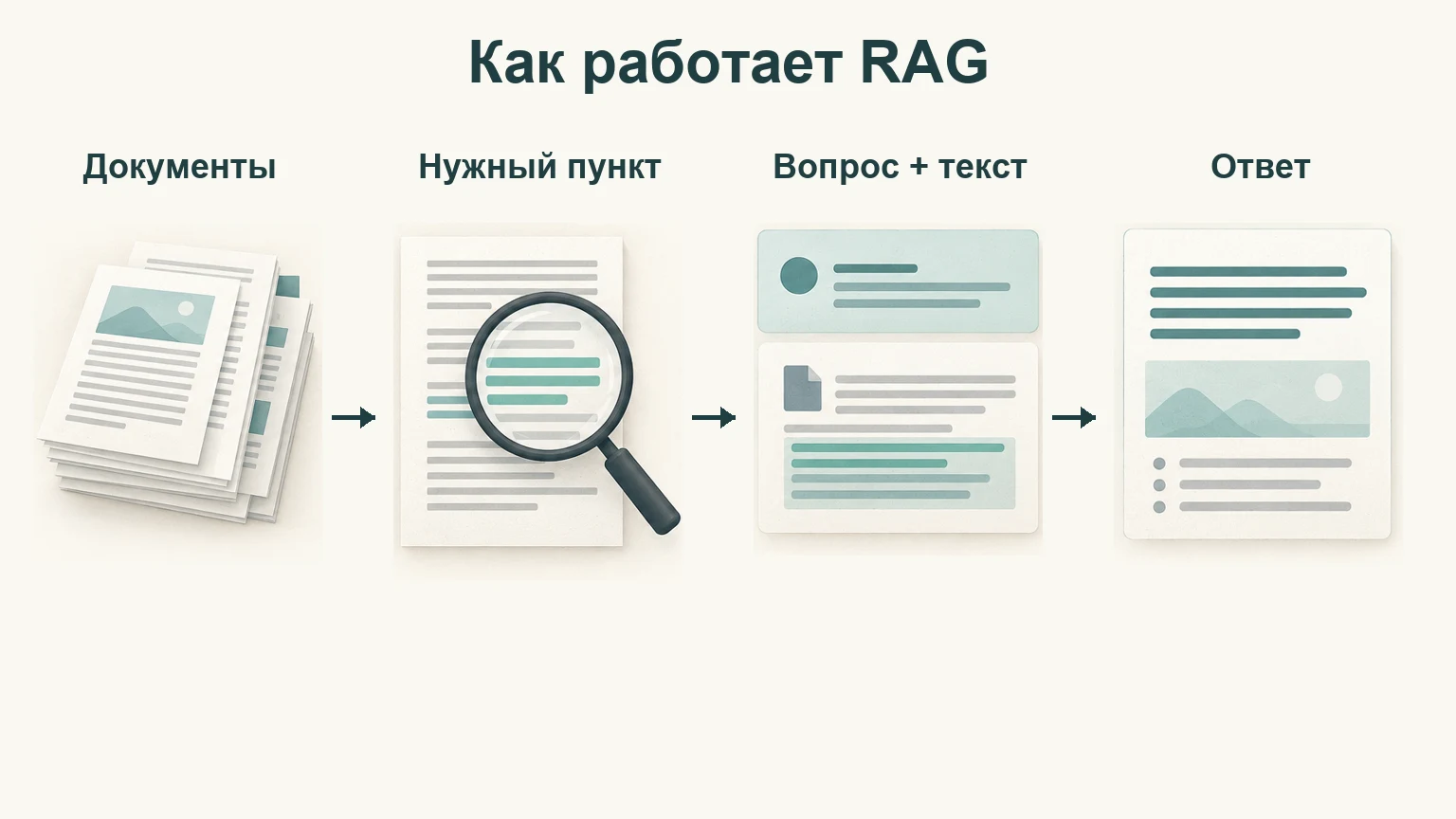RAG: система выбирает пункт документа, передаёт модели вопрос и найденный текст, затем модель составляет возможный ответ.